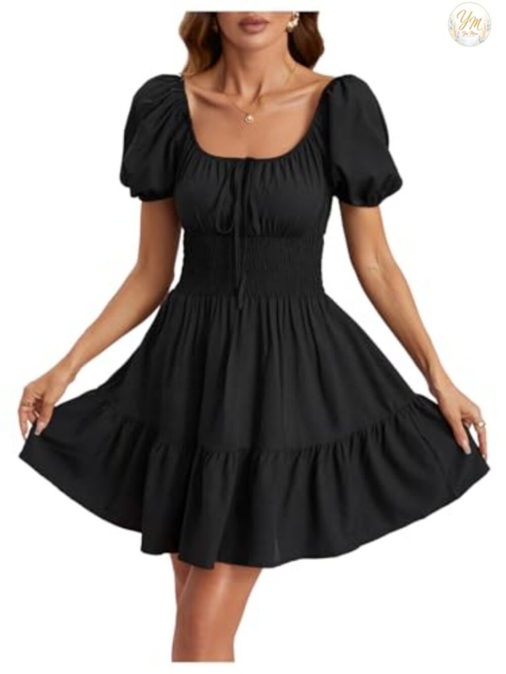 Boho Square Neck Puff Short Sleeve Self Tie A Line Dress